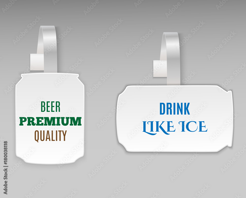 Vector blank shape white can of drink paper plastic wobbler front view. Isolated on background. Advertising price stickers for drink, water, for cafe, bar, shops, street food.Vector illustration. Vector blank shape white can of drink paper plastic wobbler front view. Isolated on background. Advertising price stickers for drink, water, for cafe, bar, shops, street food.Vector illustration.