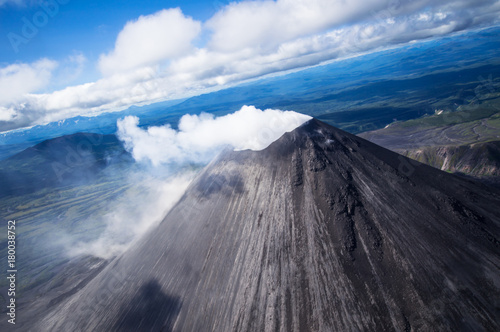 Karymsky volcano. Kronotsky Nature Reserve on Kamchatka. Top view. Close-up photo