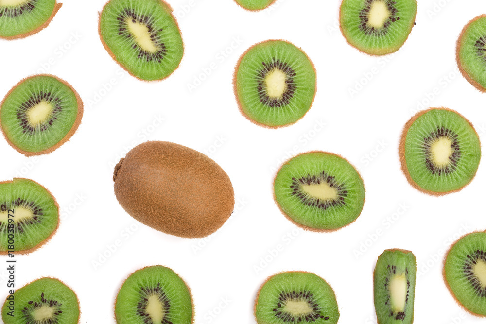 Fototapeta premium sliced kiwi fruit isolated on white background. Flat lay pattern. Top view