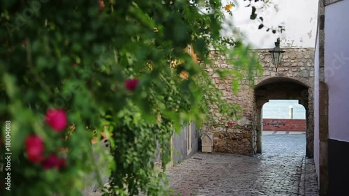Street with an arch Porta Nova in old town. Faro Portugal