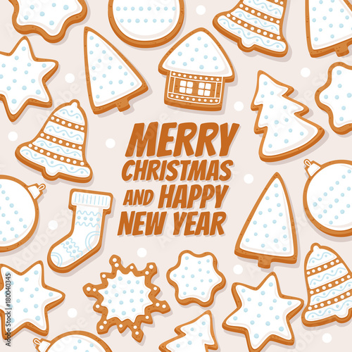 Decorative background of various Christmas gingerbread with inscription Merry Christmas and Happy new year on light background. Vector illustration.