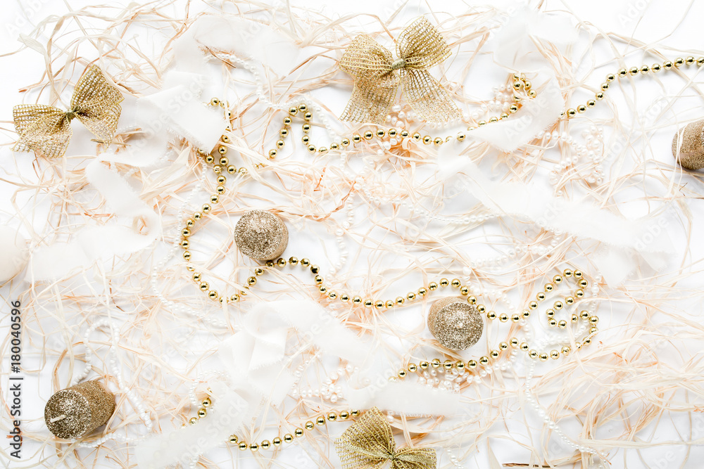 Decoration of a Christmas golden tinsel. apartment, top view, background, backdrop, New Year's screensaver. Decoration of a Christmas golden tinsel. apartment, top view, background, backdrop, New Year's screensaver.