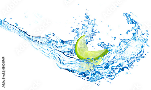 lime and water splash on a white background