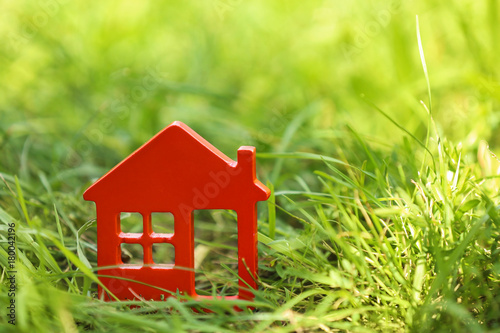 Wooden figure of house on green grass