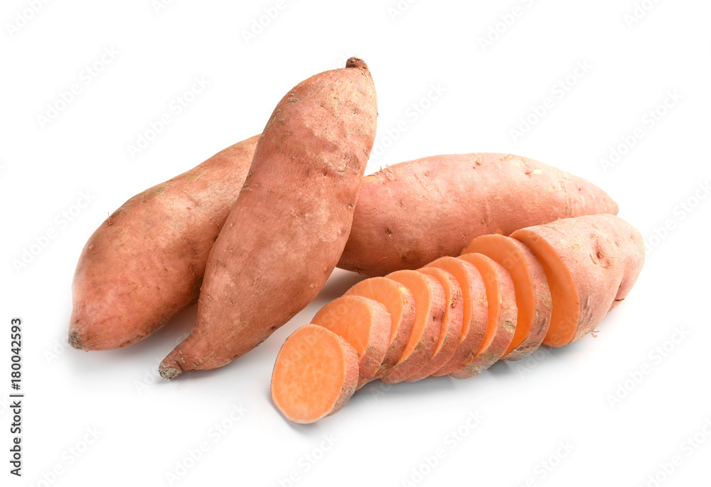 Slices sweet potatoes on white background Slices sweet potatoes on white background