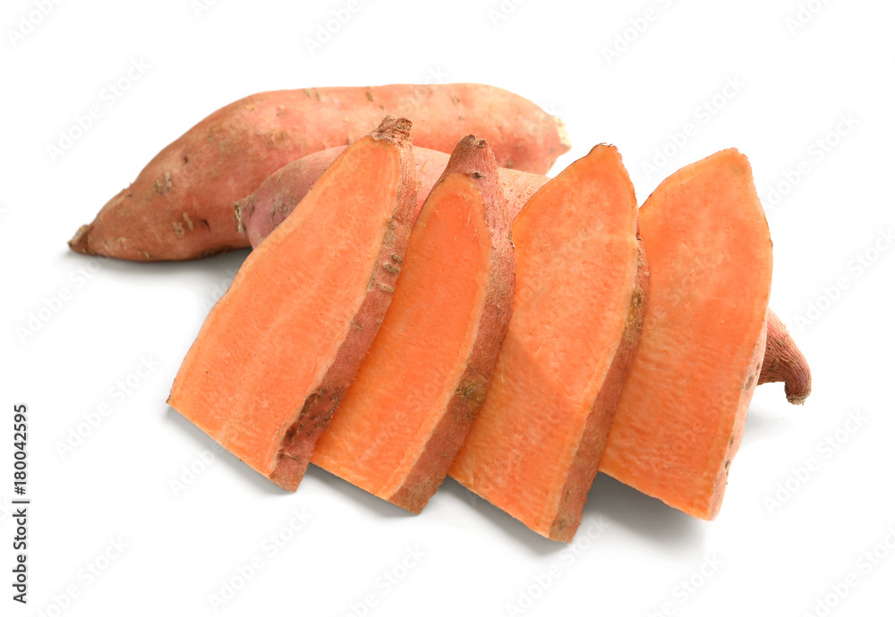 Slices sweet potatoes on white background