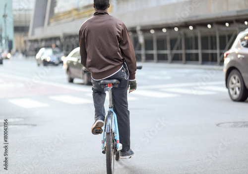 Chicago Man Riding Bike Divvy Dangerous Street Black Brown Jacket