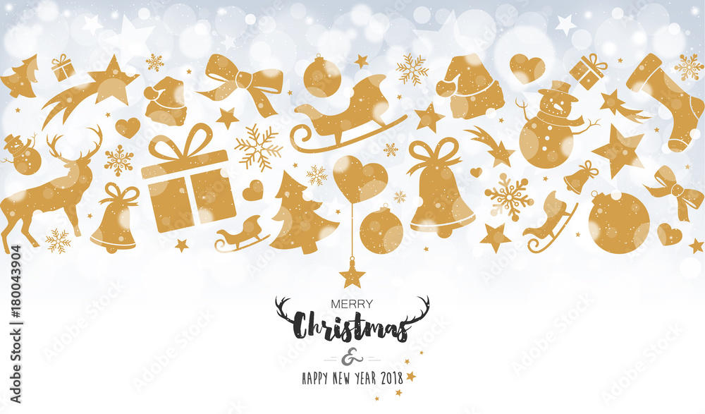 Christmas card with golden decorations on bokeh Christmas card with golden decorations on bokeh