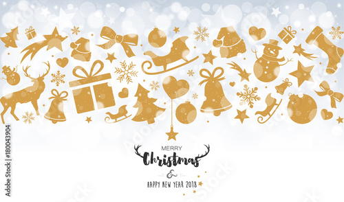 Christmas card with golden decorations on bokeh