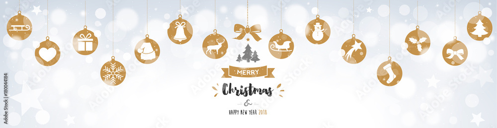Christmas banner with hanging balls on bokeh