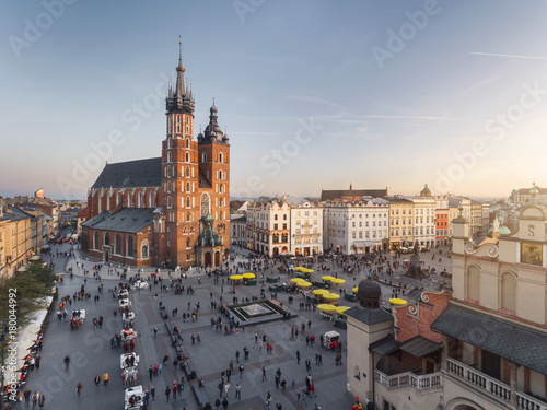 Old city center view in Krakow, aerial drone photography at sunset time, famous cathedral in evening light photo