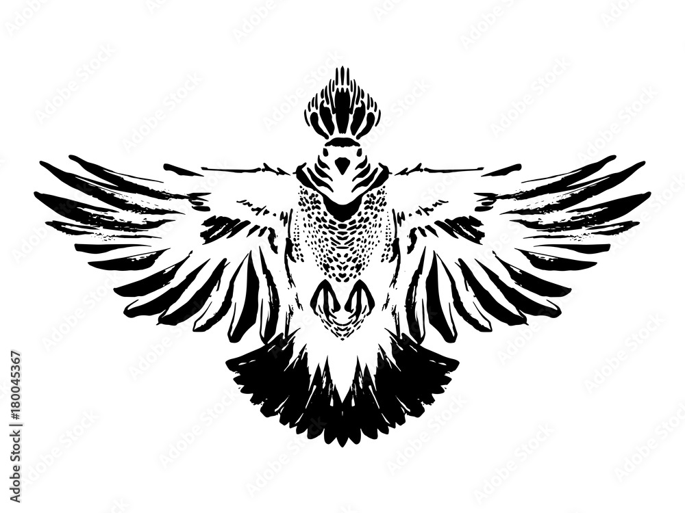 Obraz premium Hand drawn black stylized pigeon painted by ink. Dove bird. Grunge style. Vector illustration.