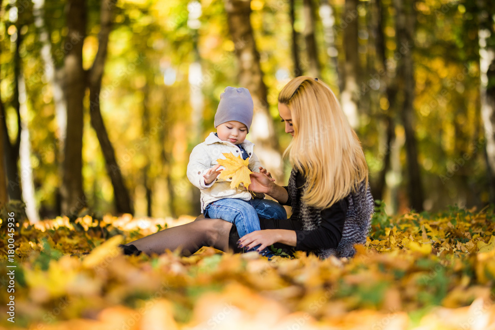 Happy family mother playing with child in autumn park near tree lying on yellow leaves. Autumn concept. Happy family mother playing with child in autumn park near tree lying on yellow leaves. Autumn concept.