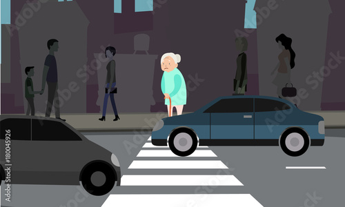 Grandma can't across the road. Indifference of people. Vector color illustration
