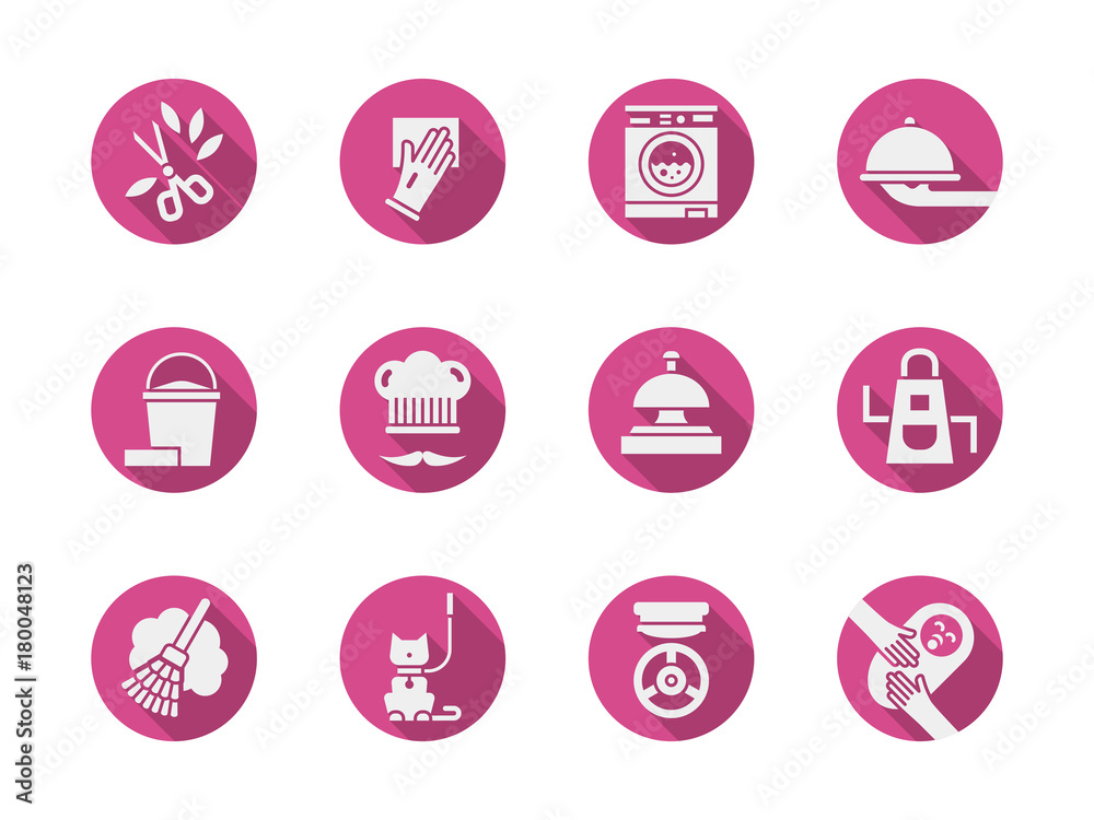 Housekeeping pink round vector icons set
