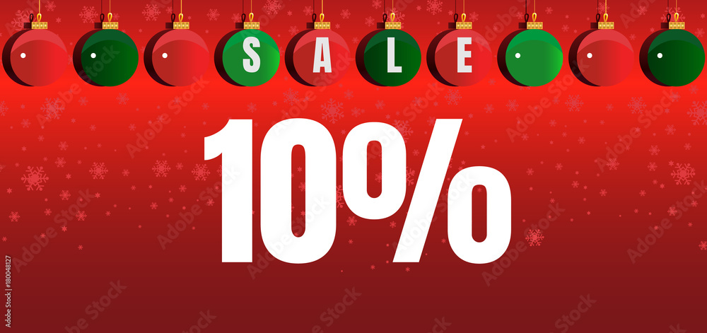 Christmas concept design with Christmas balls on a red gradient background and the words about the sale 10%