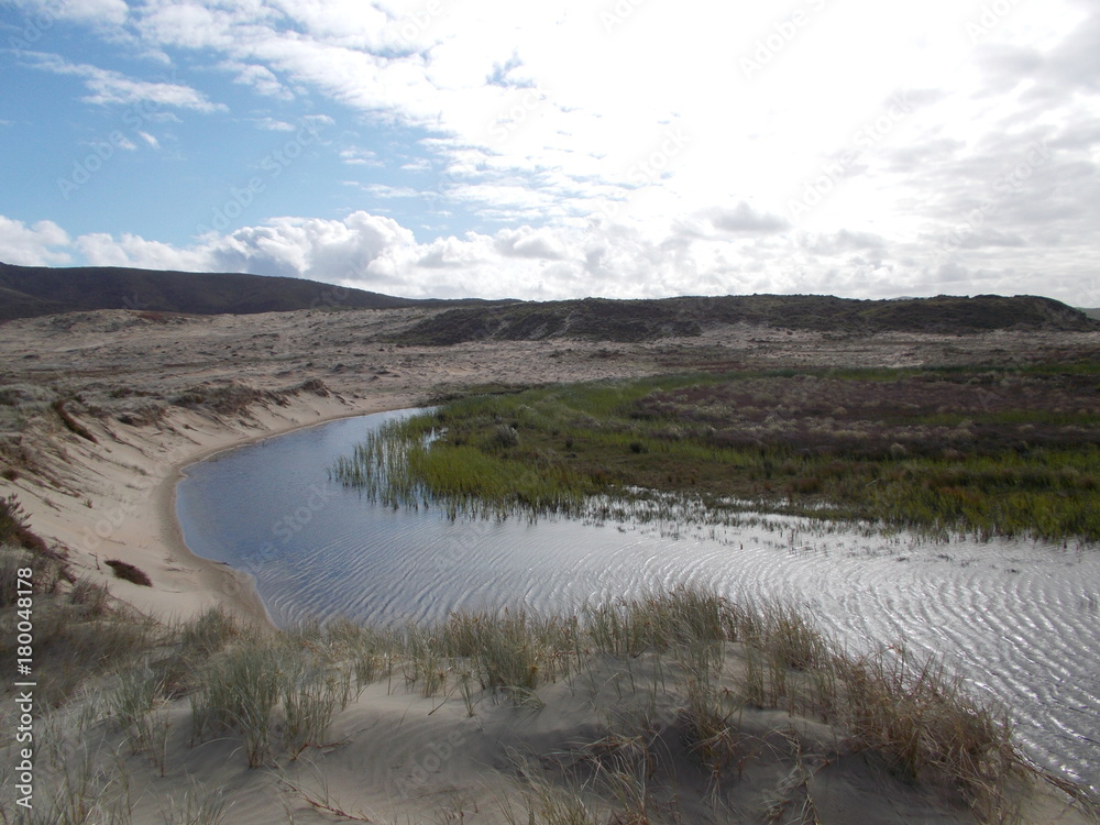 Stream flowing at ninety mile sand beach out of dunes New Zealand