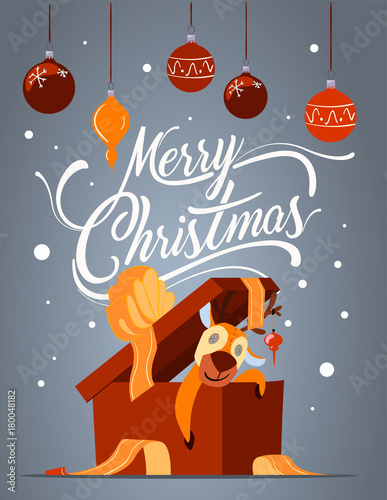 Merry Christmas greeting card in cartoon style. Cute deer character.
