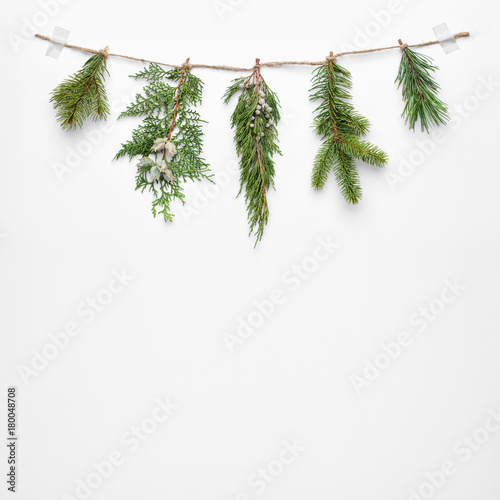 Christmas tree branches on white background. Flat lay, top view, copy space. Christmas concept.