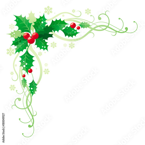 Merry Christmas and Happy new Year square corner banner frame border with holly berry leafs. Isolated on white background. Abstract poster, greeting card design template. Vector illustration