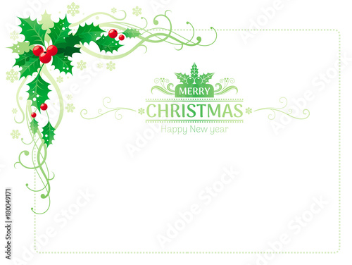 Merry Christmas and Happy new Year corner border banner with holly berry leafs. Text lettering logo. Isolated on white background. Abstract poster  greeting card design template. Vector illustration