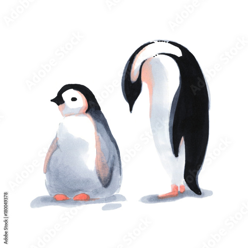 Watercolor penguin and his baby on the snow  isolatad on white background