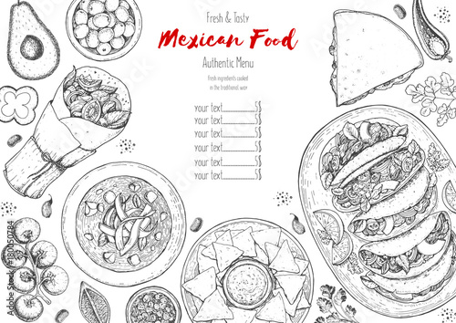 Mexican food top view frame. A set of mexican dishes with burritos, quesadillas, fajitas. Food menu design template. Vintage hand drawn sketch vector illustration. Mexican cuisine engraved image.