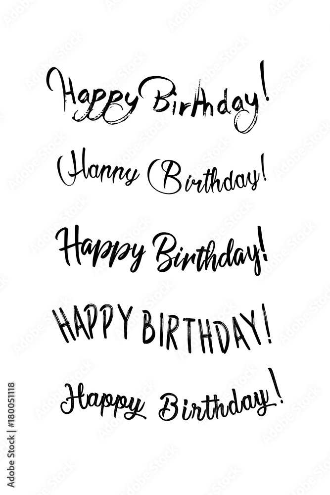 Happy birthday vintage hand lettering, brush ink calligraphy, vector type design, isolated on white background. Black and white. Handwritten modern brush lettering of Happy Birthday.