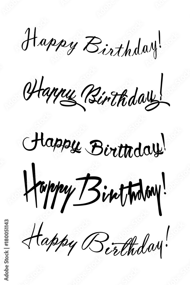 Happy birthday vintage hand lettering, brush ink calligraphy, vector type design, isolated on white background. Black and white. Handwritten modern brush lettering of Happy Birthday.