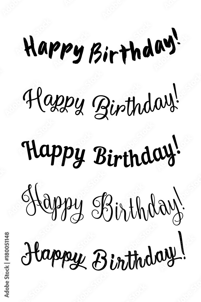 Happy birthday vintage hand lettering, brush ink calligraphy, vector type design, isolated on white background. Black and white. Handwritten modern brush lettering of Happy Birthday.