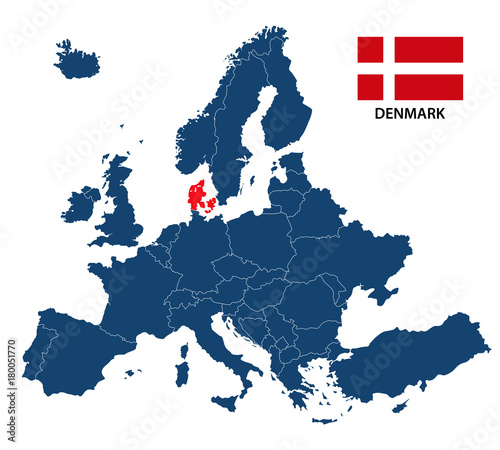 Fotografie, Tablou Vector illustration of a map of Europe with highlighted Denmark and Danish flag