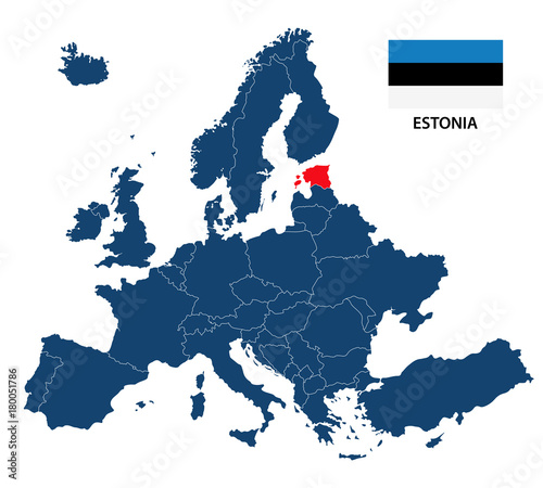 Vector illustration of a map of Europe with highlighted Estonia and Estonian flag isolated on a white background