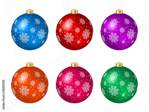 Set of six multicolored Christmas balls with decoration isolated on white. Vector illustration