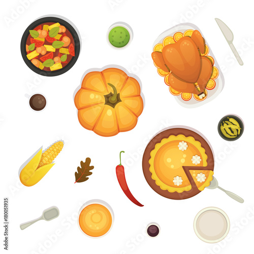 Fototapeta Naklejka Na Ścianę i Meble -  thanksgiving dish menu top view table with roasted turkey vector cartoon. Pumpkin Vector cartoon illustration.