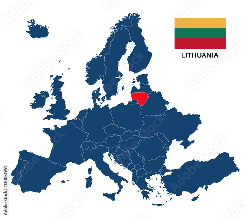 Canvas Print Vector illustration of a map of Europe with highlighted Lithuania and Lithuanian