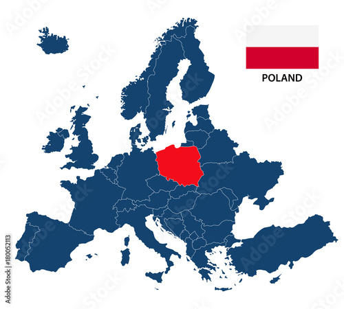 Obraz na płótnie Vector illustration of a map of Europe with highlighted Poland and Polish flag i