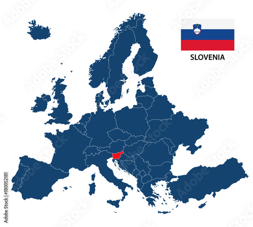 Vector illustration of a map of Europe with highlighted Slovenia and Slovenian flag isolated on a white background