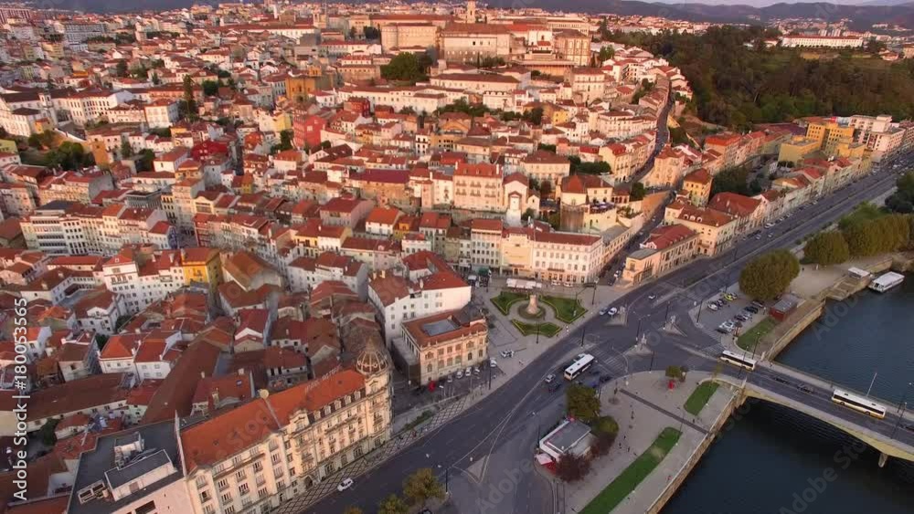 Coimbra, Portugal, aerial view of cityscape including the famous University of Coimbra and Mondego river.