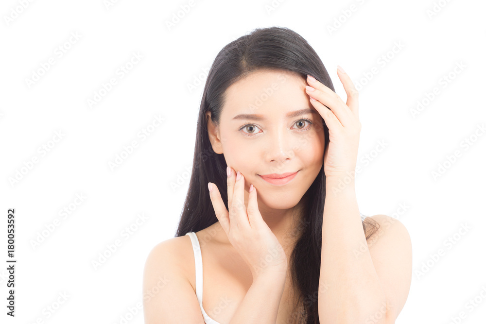 Portrait of beautiful asian woman makeup of cosmetic, girl hand touch cheek and smile attractive, face of beauty perfect with wellness isolated on white background with skin healthcare concept. Portrait of beautiful asian woman makeup of cosmetic, girl hand touch cheek and smile attractive, face of beauty perfect with wellness isolated on white background with skin healthcare concept.
