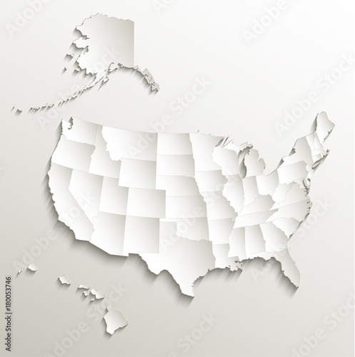 USA map with Alaska and Hawaii, separate states individual, card paper 3D natural vector