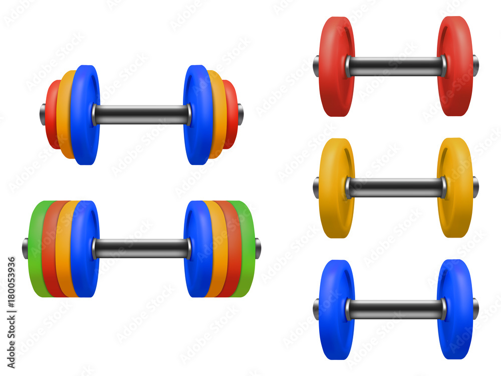 Set of gym dumbbell isolated. Realistic vector Set of gym dumbbell isolated. Realistic vector
