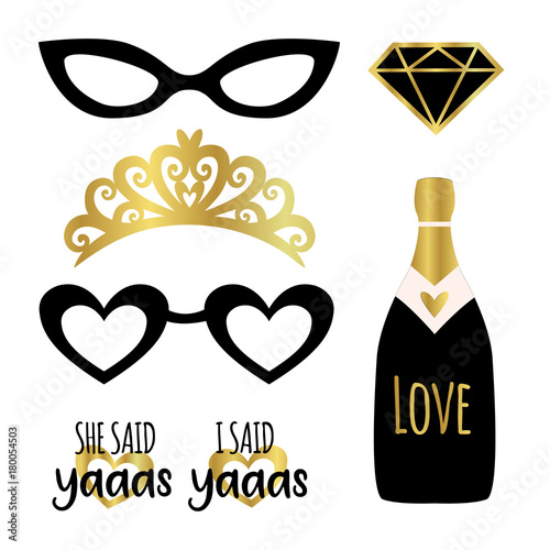 Silhouette set of party photobooth props vector elements. Champagne, crown, glasses, diamond and signs She said Yes - in american trend word