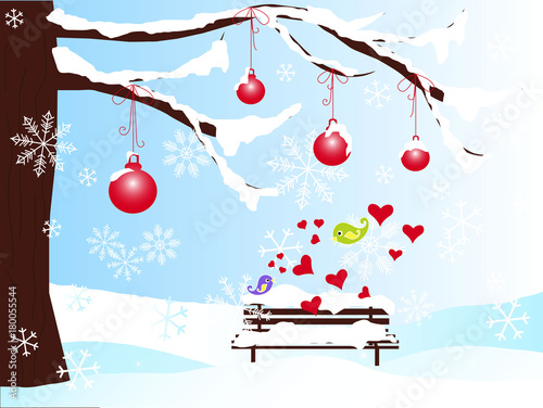 Winter romantic background with christmas tree, bench, red balls in snow, hearts, violet and green love birds, snowflake on blue stock vector illustration