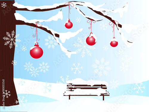 Romantic winter background with brown christmas tree, bench, red balls in white snow on blue hand drawn stock vector illustration