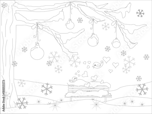 Monochrome romantic background with Christmas tree, falling snowflakes, lovebirds, balls, bench in snow for coloring book antistress page, for print stock vector illustration