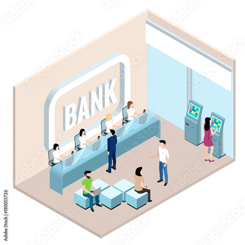 bank branch, employees and clients of the bank, interior in isometric style