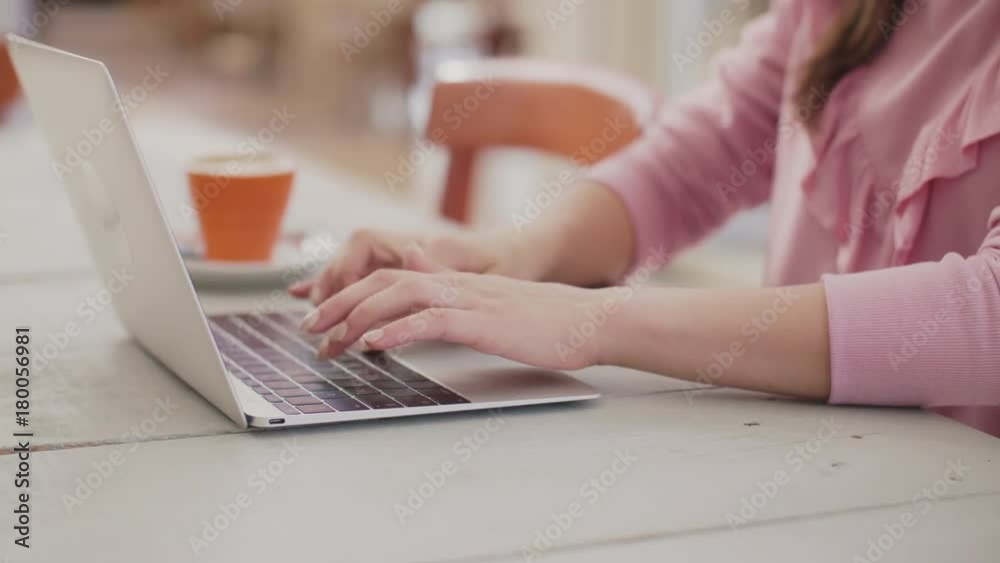 Midsection Of Female Blogger Using Laptop At Table In Restaurant Midsection Of Female Blogger Using Laptop At Table In Restaurant