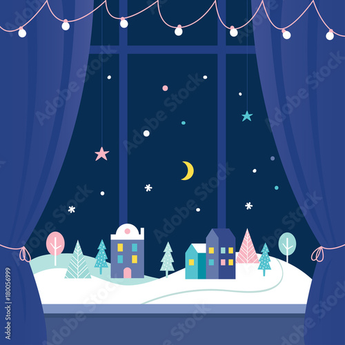 Winter Holidays Window Decorations. Snowy Town at Night. Vector Design
