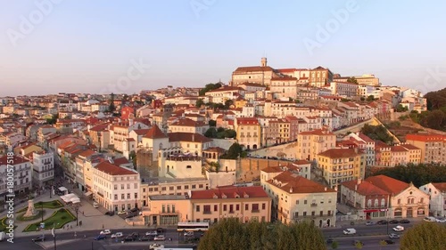 Coimbra, Portugal, aerial view of cityscape including the famous University of Coimbra and clock tower.