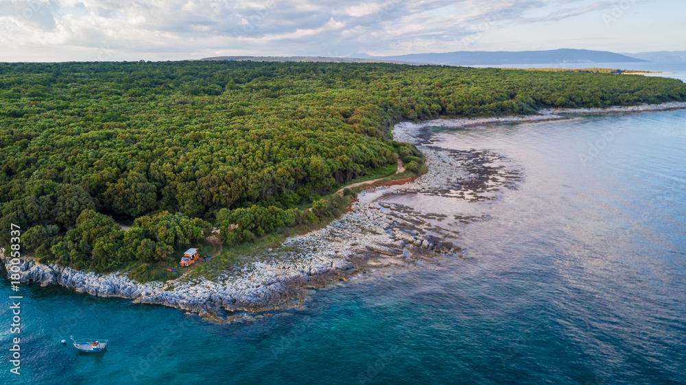 Obraz premium Coastline view from the drone, green forest and rocky coast